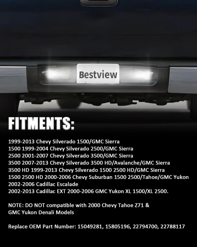 Best View LED License Plate Lights Cover Lens w/Socket & Rear Lamp Wire Harness Assembly Compatible with Chevy Silverado Suburban Tahoe GMC Sierra 1500 2500 3500 HD Escalade EXT, White - Pack of 2 - Image 3
